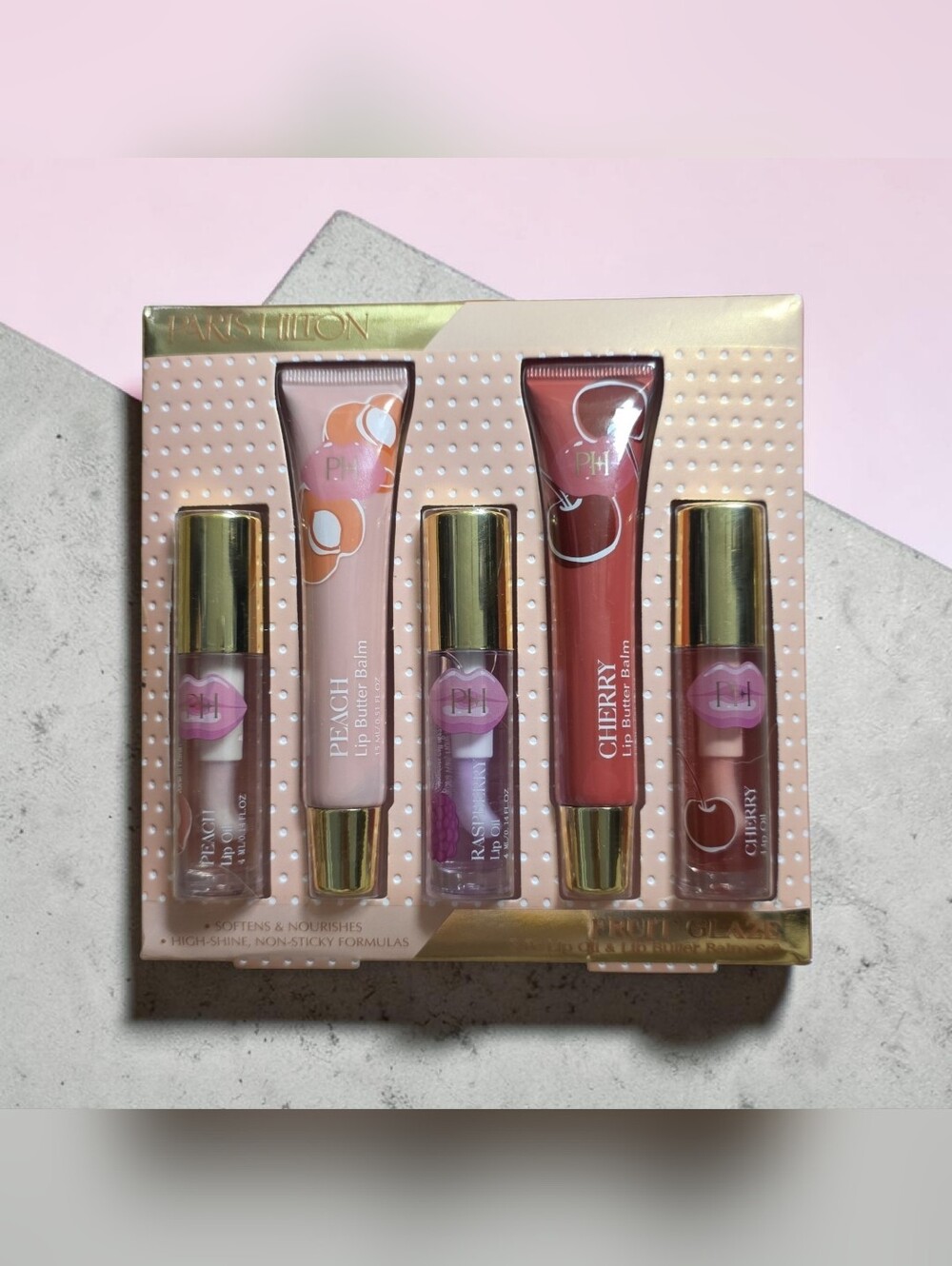 NIB Paris Hilton Lip Balm & Gloss Set - Peach, Cherry, Rose